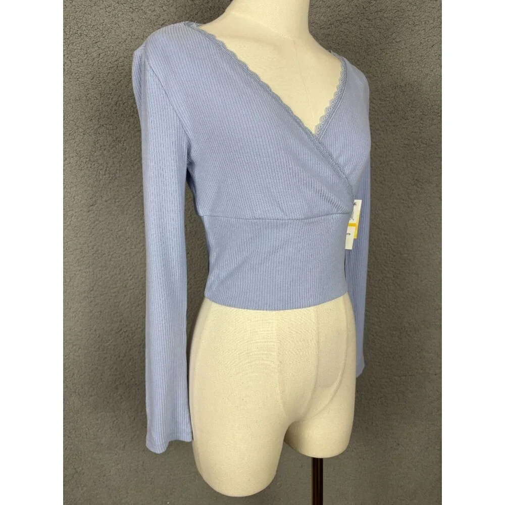 Sugar Moon Women's Juniors' Rib-Knit Surplice Top Blue Size Medium NWT's